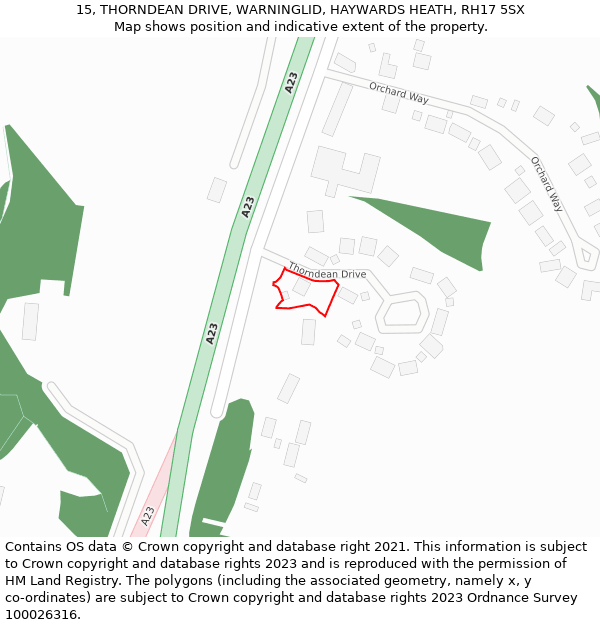 15, THORNDEAN DRIVE, WARNINGLID, HAYWARDS HEATH, RH17 5SX: Location map and indicative extent of plot