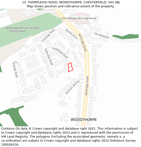 15, THORPLEIGH ROAD, WOODTHORPE, CHESTERFIELD, S43 3BJ: Location map and indicative extent of plot