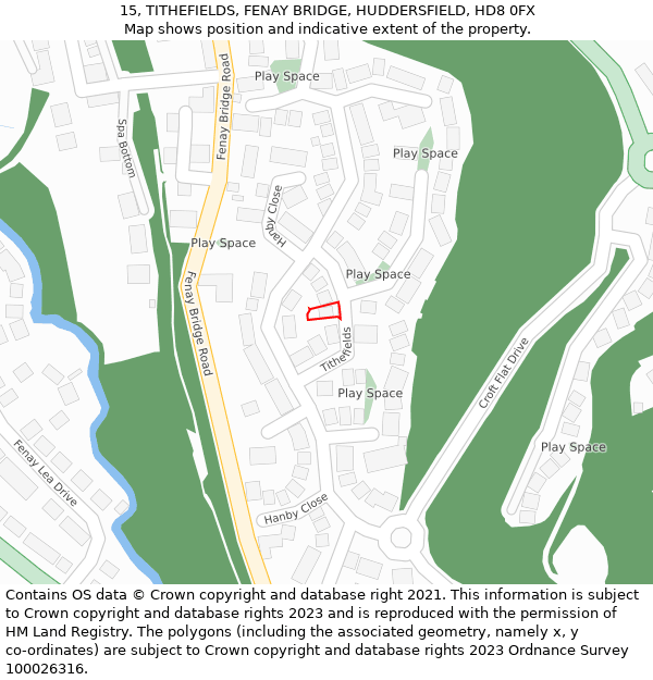 15, TITHEFIELDS, FENAY BRIDGE, HUDDERSFIELD, HD8 0FX: Location map and indicative extent of plot