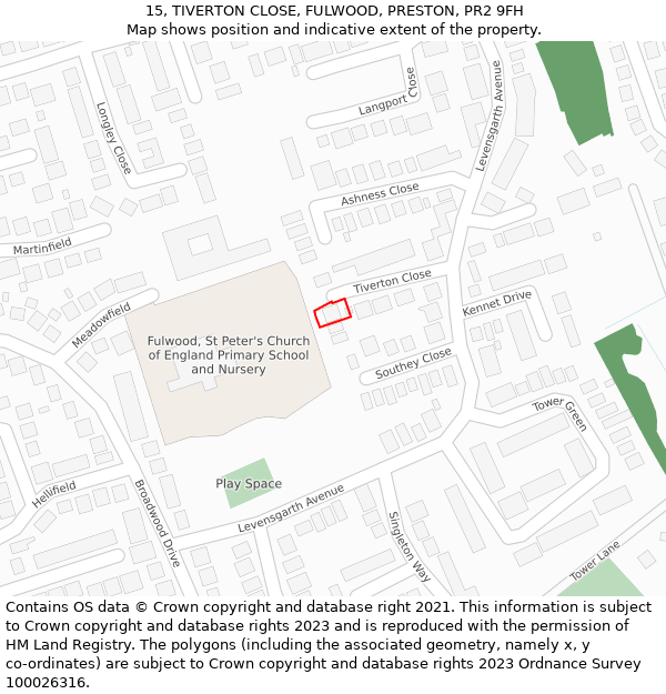 15, TIVERTON CLOSE, FULWOOD, PRESTON, PR2 9FH: Location map and indicative extent of plot