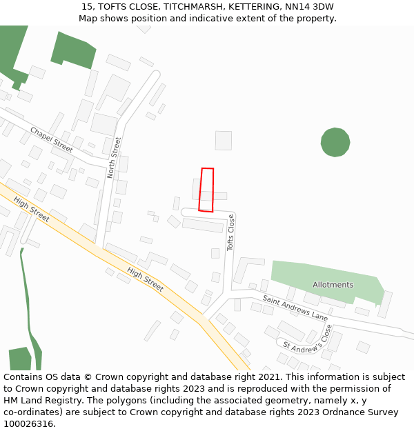15, TOFTS CLOSE, TITCHMARSH, KETTERING, NN14 3DW: Location map and indicative extent of plot