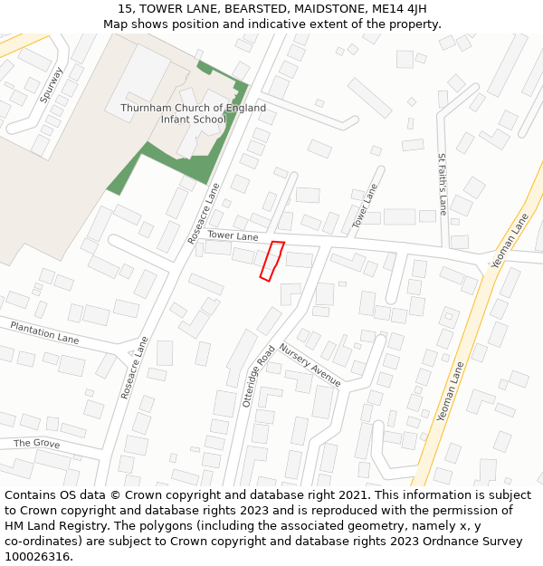 15, TOWER LANE, BEARSTED, MAIDSTONE, ME14 4JH: Location map and indicative extent of plot