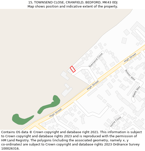 15, TOWNSEND CLOSE, CRANFIELD, BEDFORD, MK43 0DJ: Location map and indicative extent of plot