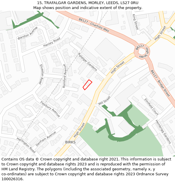 15, TRAFALGAR GARDENS, MORLEY, LEEDS, LS27 0RU: Location map and indicative extent of plot