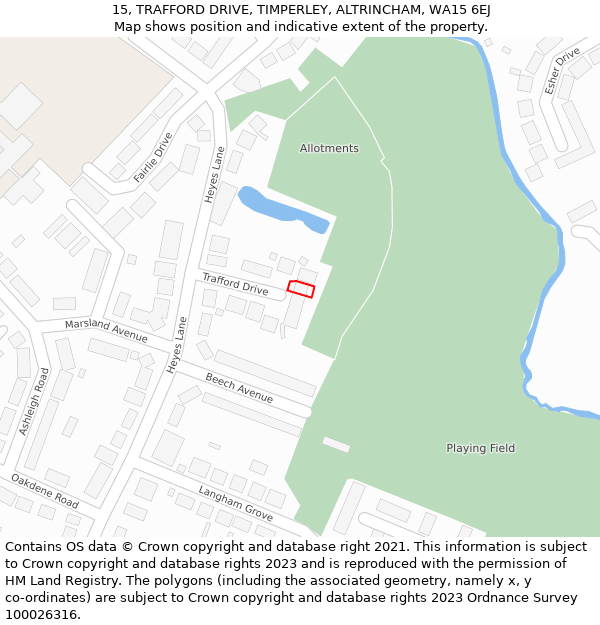 15, TRAFFORD DRIVE, TIMPERLEY, ALTRINCHAM, WA15 6EJ: Location map and indicative extent of plot