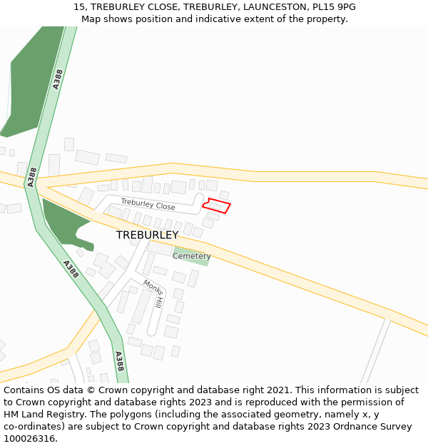 15, TREBURLEY CLOSE, TREBURLEY, LAUNCESTON, PL15 9PG: Location map and indicative extent of plot