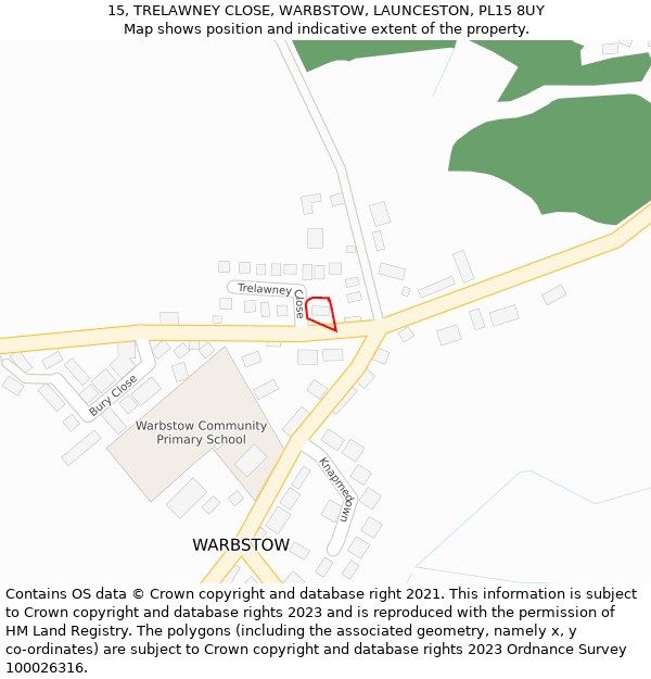 15, TRELAWNEY CLOSE, WARBSTOW, LAUNCESTON, PL15 8UY: Location map and indicative extent of plot