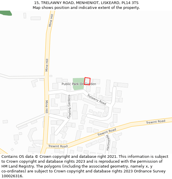 15, TRELAWNY ROAD, MENHENIOT, LISKEARD, PL14 3TS: Location map and indicative extent of plot