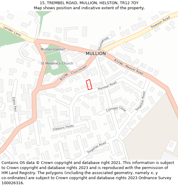 15, TREMBEL ROAD, MULLION, HELSTON, TR12 7DY: Location map and indicative extent of plot