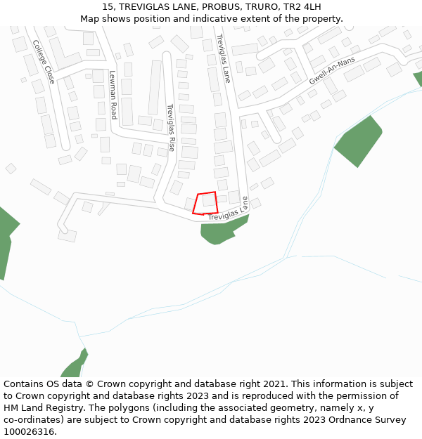 15, TREVIGLAS LANE, PROBUS, TRURO, TR2 4LH: Location map and indicative extent of plot