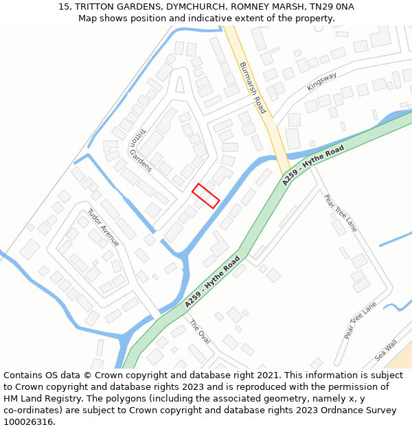 15, TRITTON GARDENS, DYMCHURCH, ROMNEY MARSH, TN29 0NA: Location map and indicative extent of plot