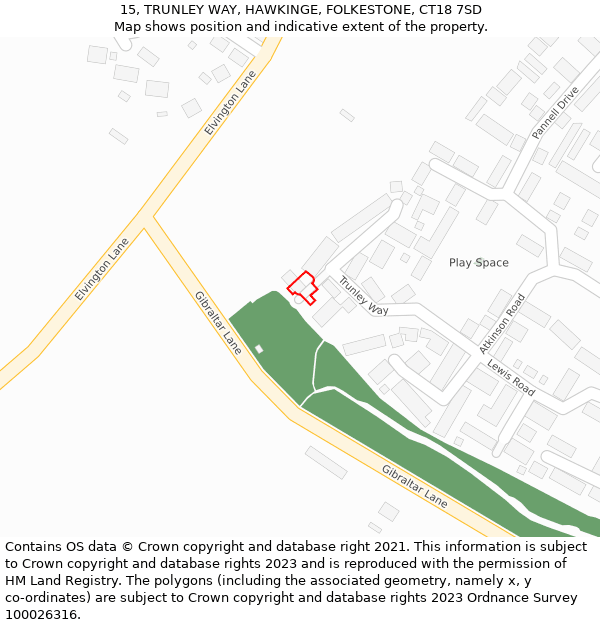 15, TRUNLEY WAY, HAWKINGE, FOLKESTONE, CT18 7SD: Location map and indicative extent of plot