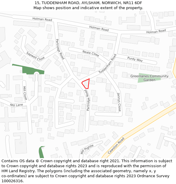 15, TUDDENHAM ROAD, AYLSHAM, NORWICH, NR11 6DF: Location map and indicative extent of plot