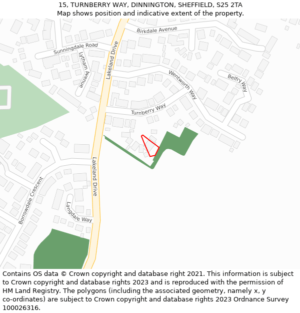 15, TURNBERRY WAY, DINNINGTON, SHEFFIELD, S25 2TA: Location map and indicative extent of plot
