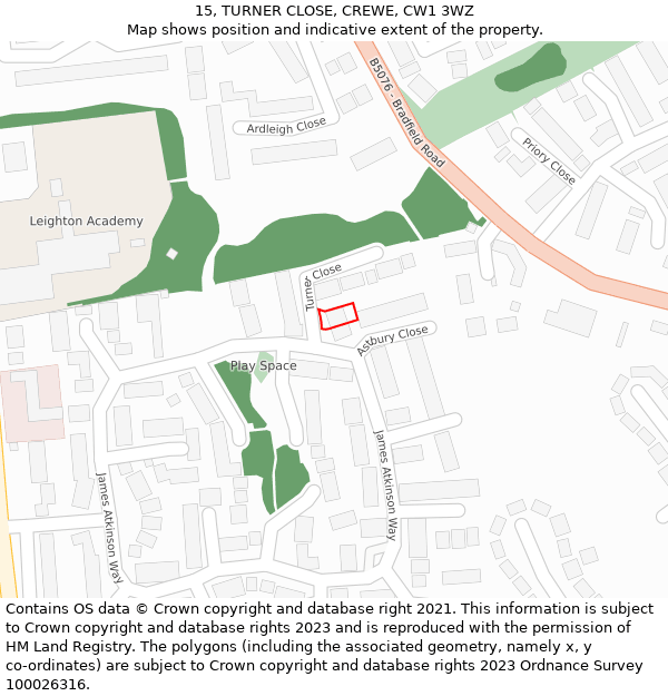 15, TURNER CLOSE, CREWE, CW1 3WZ: Location map and indicative extent of plot