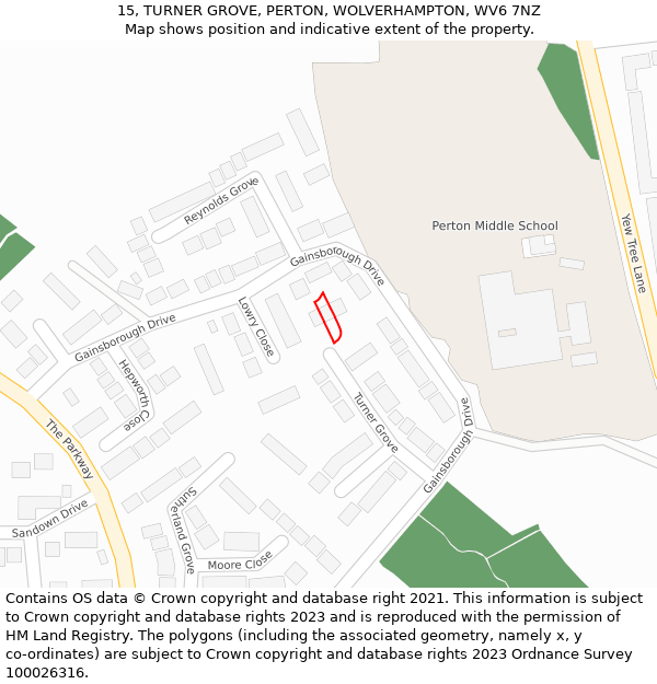 15, TURNER GROVE, PERTON, WOLVERHAMPTON, WV6 7NZ: Location map and indicative extent of plot