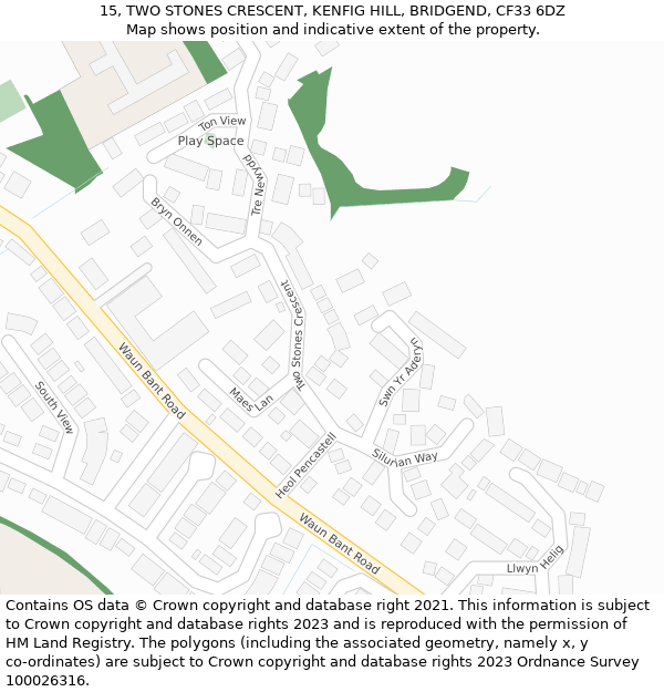 15, TWO STONES CRESCENT, KENFIG HILL, BRIDGEND, CF33 6DZ: Location map and indicative extent of plot