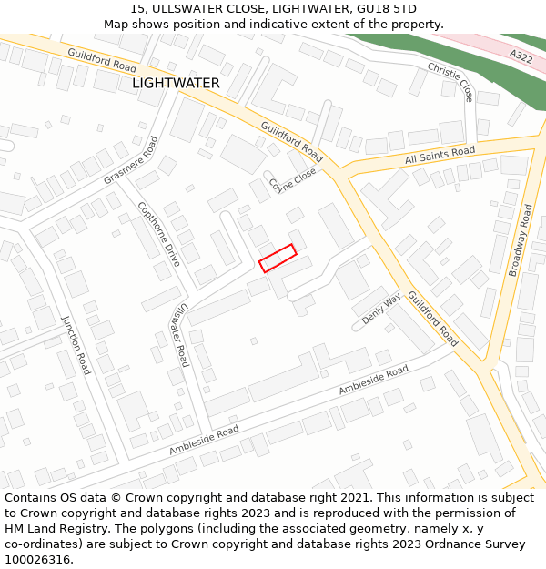 15, ULLSWATER CLOSE, LIGHTWATER, GU18 5TD: Location map and indicative extent of plot