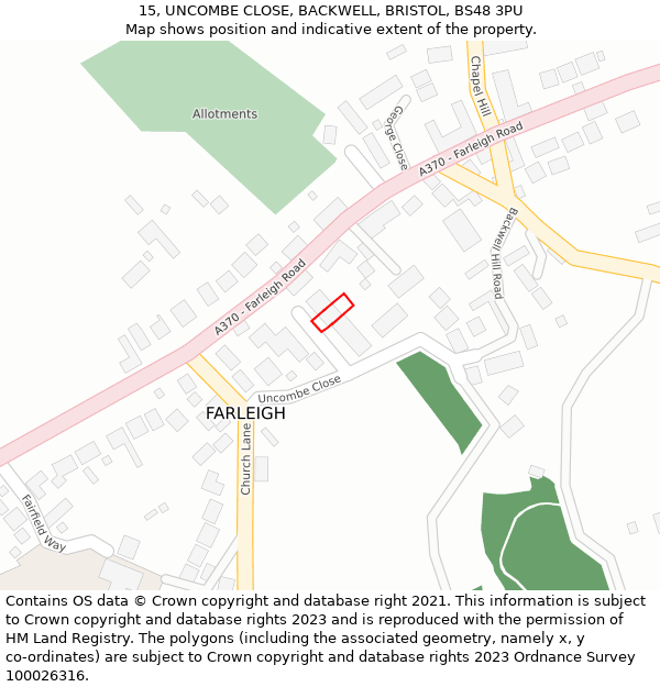 15, UNCOMBE CLOSE, BACKWELL, BRISTOL, BS48 3PU: Location map and indicative extent of plot