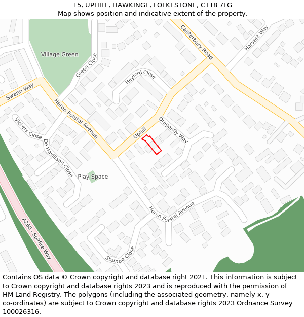 15, UPHILL, HAWKINGE, FOLKESTONE, CT18 7FG: Location map and indicative extent of plot