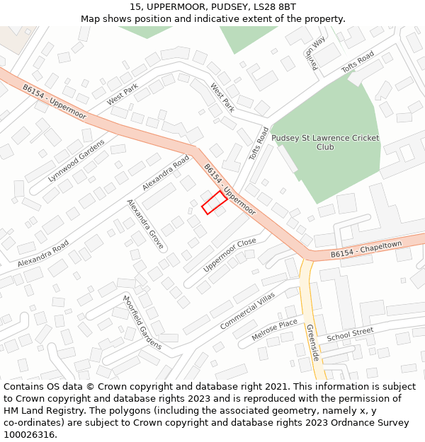 15, UPPERMOOR, PUDSEY, LS28 8BT: Location map and indicative extent of plot