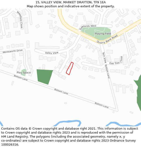 15, VALLEY VIEW, MARKET DRAYTON, TF9 1EA: Location map and indicative extent of plot