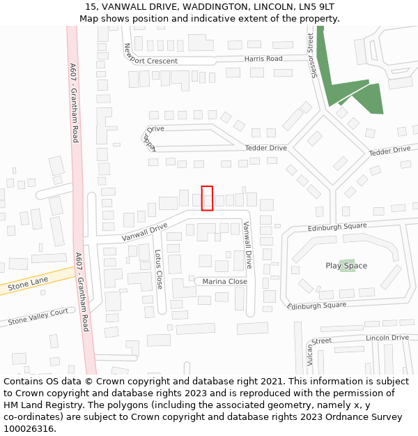 15, VANWALL DRIVE, WADDINGTON, LINCOLN, LN5 9LT: Location map and indicative extent of plot