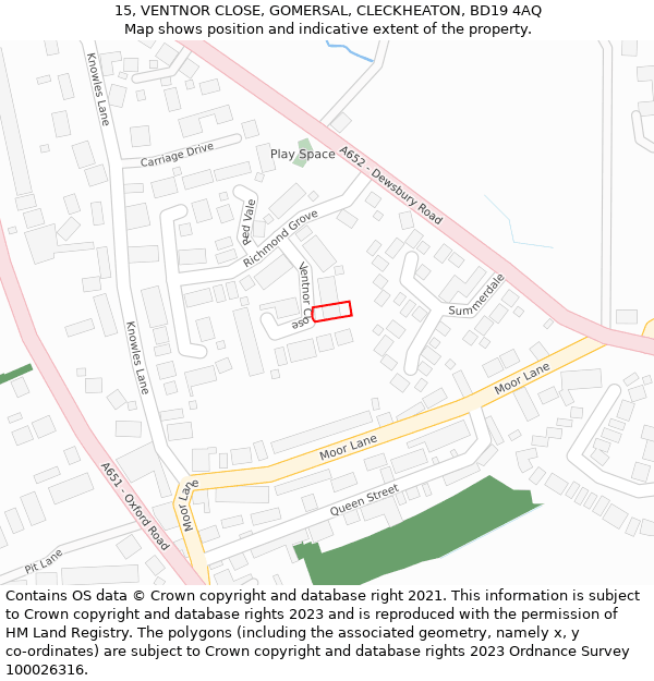 15, VENTNOR CLOSE, GOMERSAL, CLECKHEATON, BD19 4AQ: Location map and indicative extent of plot