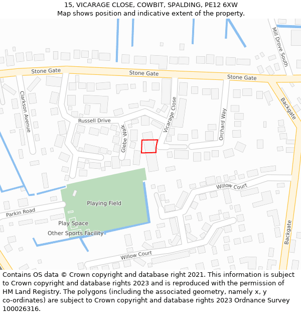 15, VICARAGE CLOSE, COWBIT, SPALDING, PE12 6XW: Location map and indicative extent of plot