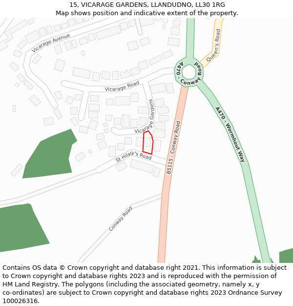 15, VICARAGE GARDENS, LLANDUDNO, LL30 1RG: Location map and indicative extent of plot