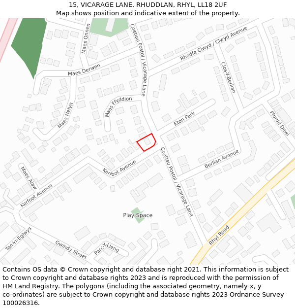 15, VICARAGE LANE, RHUDDLAN, RHYL, LL18 2UF: Location map and indicative extent of plot