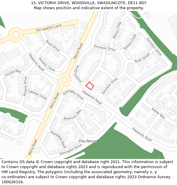 15, VICTORIA DRIVE, WOODVILLE, SWADLINCOTE, DE11 8DY: Location map and indicative extent of plot