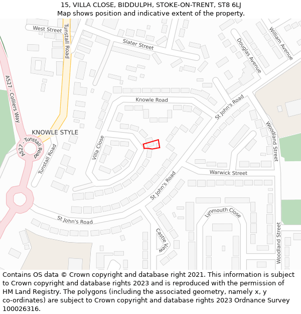 15, VILLA CLOSE, BIDDULPH, STOKE-ON-TRENT, ST8 6LJ: Location map and indicative extent of plot