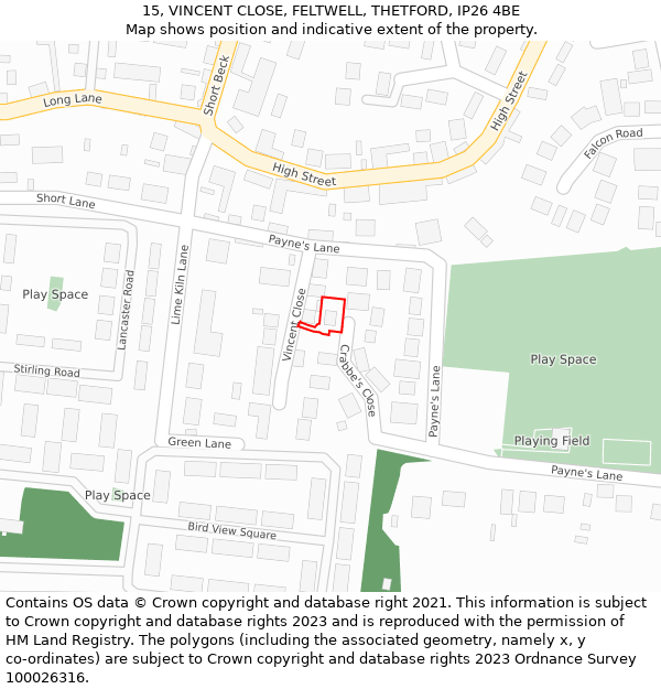 15, VINCENT CLOSE, FELTWELL, THETFORD, IP26 4BE: Location map and indicative extent of plot