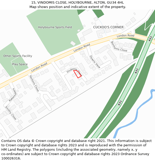 15, VINDOMIS CLOSE, HOLYBOURNE, ALTON, GU34 4HL: Location map and indicative extent of plot