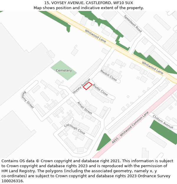 15, VOYSEY AVENUE, CASTLEFORD, WF10 5UX: Location map and indicative extent of plot