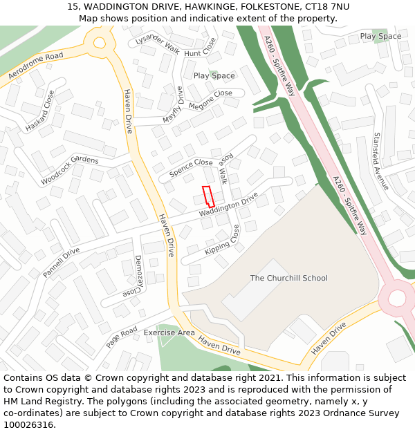 15, WADDINGTON DRIVE, HAWKINGE, FOLKESTONE, CT18 7NU: Location map and indicative extent of plot