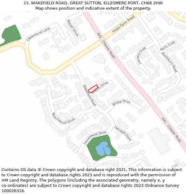 15, WAKEFIELD ROAD, GREAT SUTTON, ELLESMERE PORT, CH66 2HW: Location map and indicative extent of plot