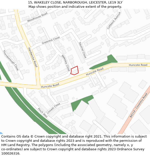 15, WAKELEY CLOSE, NARBOROUGH, LEICESTER, LE19 3LY: Location map and indicative extent of plot