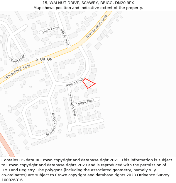 15, WALNUT DRIVE, SCAWBY, BRIGG, DN20 9EX: Location map and indicative extent of plot