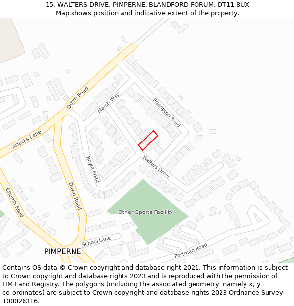 15, WALTERS DRIVE, PIMPERNE, BLANDFORD FORUM, DT11 8UX: Location map and indicative extent of plot