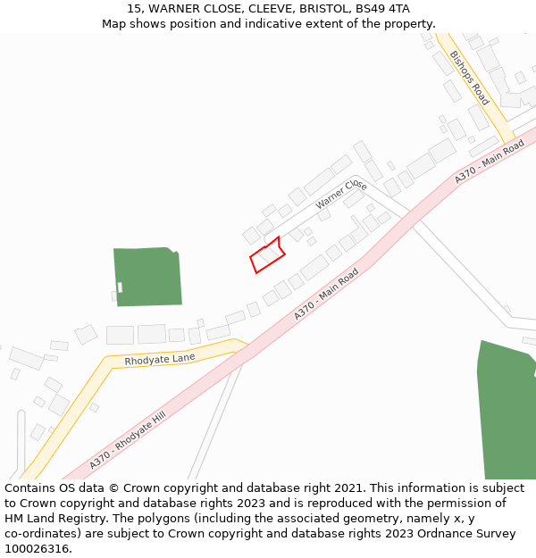 15, WARNER CLOSE, CLEEVE, BRISTOL, BS49 4TA: Location map and indicative extent of plot