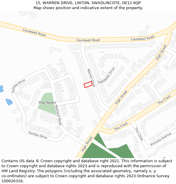 15, WARREN DRIVE, LINTON, SWADLINCOTE, DE12 6QP: Location map and indicative extent of plot