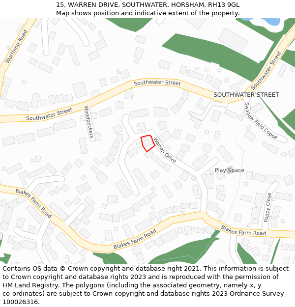 15, WARREN DRIVE, SOUTHWATER, HORSHAM, RH13 9GL: Location map and indicative extent of plot