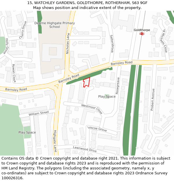 15, WATCHLEY GARDENS, GOLDTHORPE, ROTHERHAM, S63 9GF: Location map and indicative extent of plot