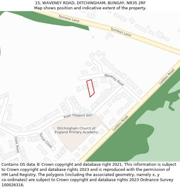 15, WAVENEY ROAD, DITCHINGHAM, BUNGAY, NR35 2RF: Location map and indicative extent of plot