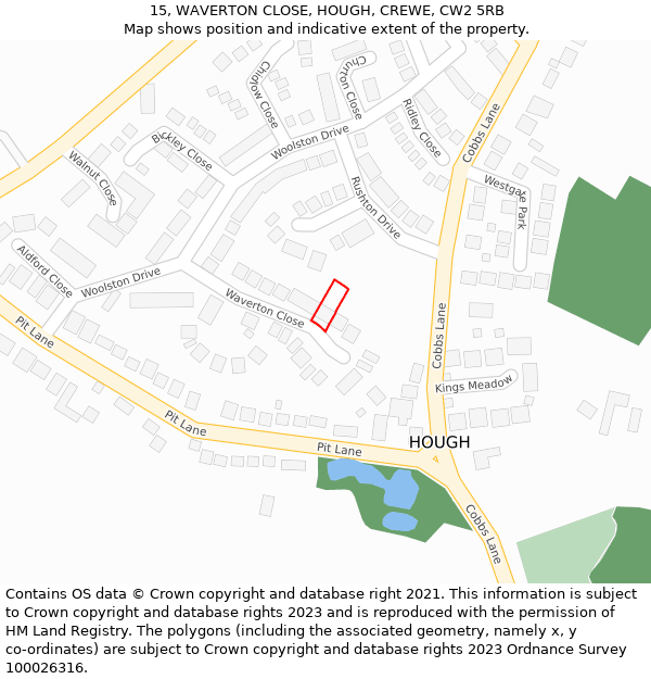 15, WAVERTON CLOSE, HOUGH, CREWE, CW2 5RB: Location map and indicative extent of plot