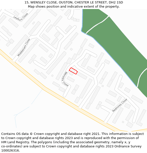 15, WENSLEY CLOSE, OUSTON, CHESTER LE STREET, DH2 1SD: Location map and indicative extent of plot