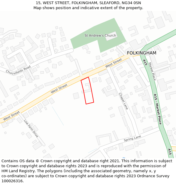 15, WEST STREET, FOLKINGHAM, SLEAFORD, NG34 0SN: Location map and indicative extent of plot