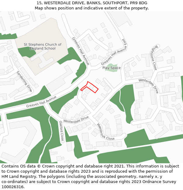 15, WESTERDALE DRIVE, BANKS, SOUTHPORT, PR9 8DG: Location map and indicative extent of plot